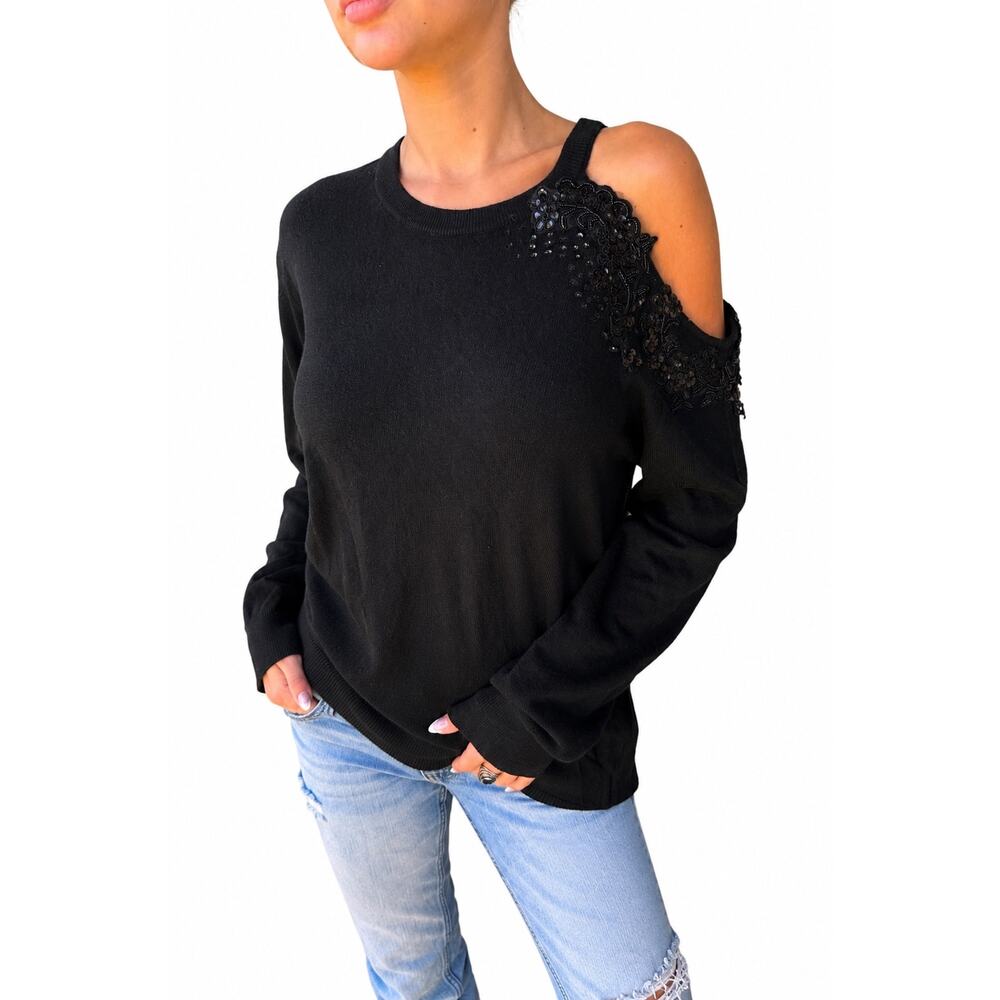 Bailey 44 Black Embellished Cold-Shoulder Sweater